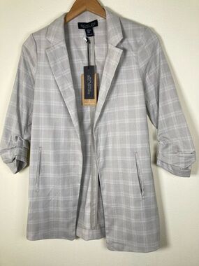 Rachel Zoe Plaid Longline Blazer XS NWT Gray Ruched Sleeve Lightweight Jacket